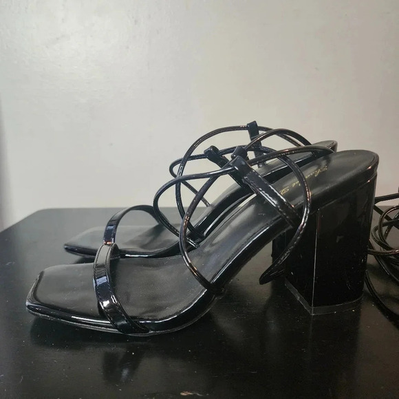 Elisabet Lang Black Patent Leather Lace Up Open Toe Strappy Sandals Shoes Baddie - Picture 3 of 12